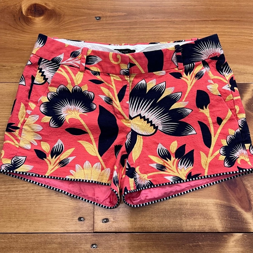 J. Crew Hibiscus Floral Shorts Coral Orange Navy Size 2 A4